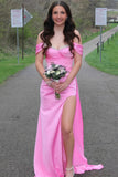 Sweetheart Off Shoulder Satin Pleated Mermaid Pink Prom Dress with Slit-Pgmdress