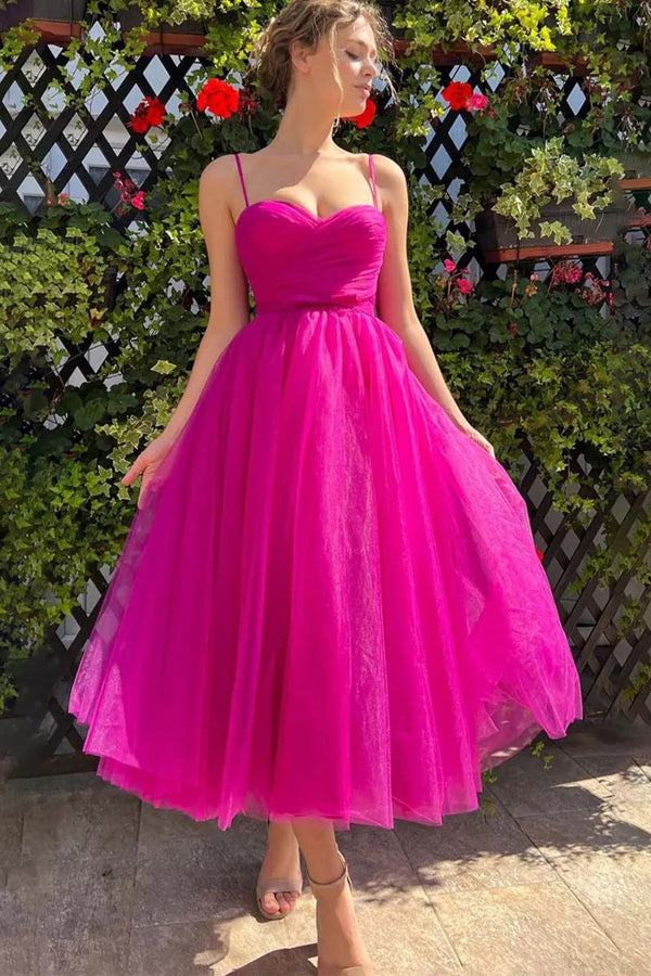 Sweetheart Tea Length Hot Pink Prom Dress Simple Prom Dress PSK565-Pgmdress