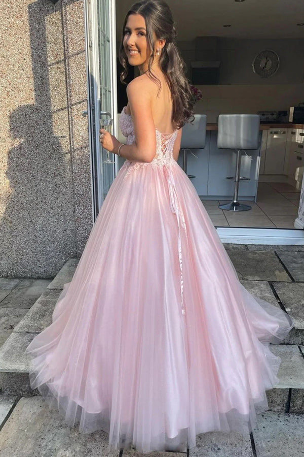Sweetheart Tulle Lace Pink Long Prom Dress Pretty Party Dress PSK660-Pgmdress