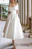 Tea Length Off The Shoulder Beach Satin Wedding Dress with Pockets WD680-Pgmdress