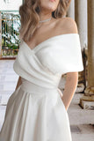Tea Length Off The Shoulder Beach Satin Wedding Dress with Pockets WD680-Pgmdress