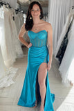 Teal Rhinestone Strapless Mermaid Prom Dresses Formal Dress with Slit PSK559-Pgmdress