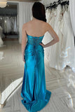 Teal Rhinestone Strapless Mermaid Prom Dresses Formal Dress with Slit PSK559-Pgmdress