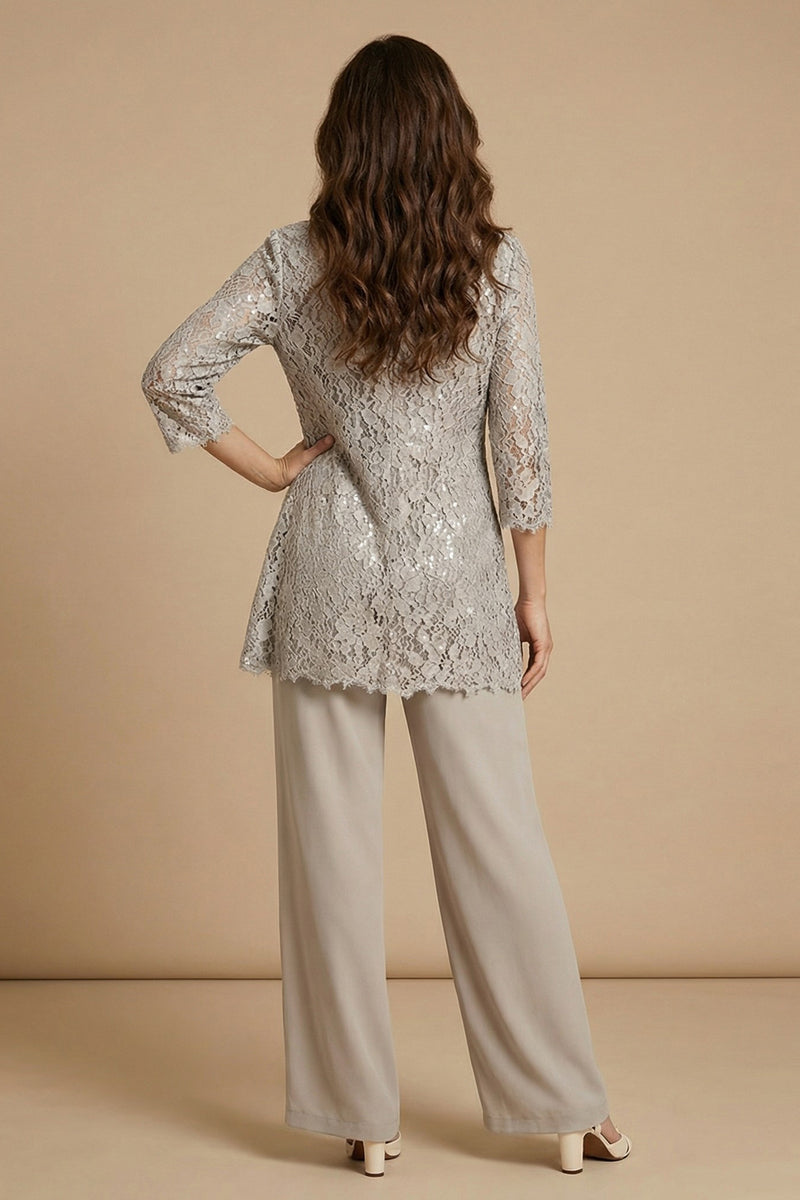 Three Piece Light Grey Round Neck Chiffon Mother of the Bride Dress-Pgmdress