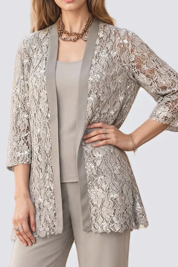 Three Piece Light Grey Round Neck Chiffon Mother of the Bride Dress-Pgmdress