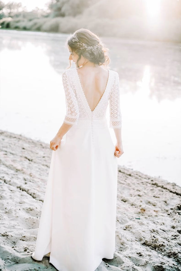 Top Lace Short Sleeve Boat Neck Rustic Wedding Dress Bridal Gown-Pgmdress