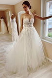 Tulle A-line Sheer Neck Beach Wedding Dress With Lace Appliques WD667-Pgmdress
