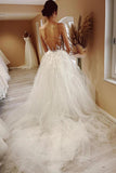 Tulle A-line Sheer Neck Beach Wedding Dress With Lace Appliques WD667-Pgmdress