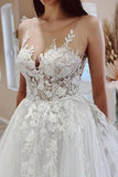 Tulle A-line Sheer Neck Beach Wedding Dress With Lace Appliques WD667-Pgmdress