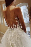 Tulle A-line Sheer Neck Beach Wedding Dress With Lace Appliques WD667-Pgmdress