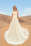 Tulle Off shoulder Neckline Wedding Dress With Lace Appliques WD201-Pgmdress