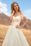 Tulle Off shoulder Neckline Wedding Dress With Lace Appliques WD201-Pgmdress