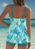 Tummy Coverage Cyan Marine Life Print Tankini Set Swimwear-Pgmdress