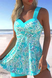 Turquoise Floral Swimdress Ruffle Skirt One Piece Bathing Suit And Shorts-Pgmdress