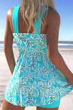 Turquoise Floral Swimdress Ruffle Skirt One Piece Bathing Suit And Shorts-Pgmdress