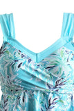 Turquoise Floral Swimdress Ruffle Skirt One Piece Bathing Suit And Shorts-Pgmdress
