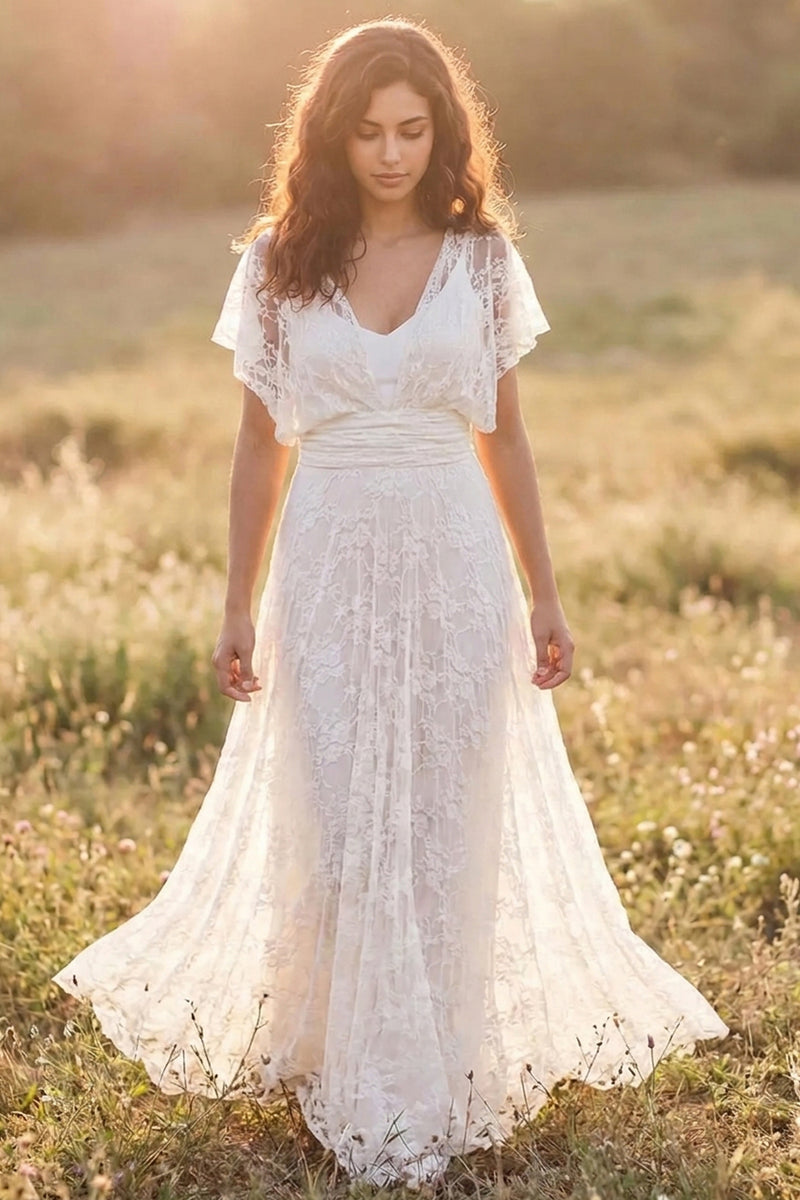 Two Piece Beach Wedding Dress Lace Overlay Boho Bridal Gown-Pgmdress