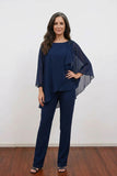 Two Piece Dark Navy Chiffon Boat Neck Mother of the Bride Pant Suits-Pgmdress