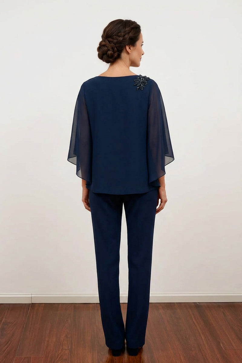 Two Piece Dark Navy Chiffon Boat Neck Mother of the Bride Pant Suits-Pgmdress