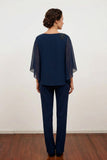 Two Piece Dark Navy Chiffon Boat Neck Mother of the Bride Pant Suits-Pgmdress