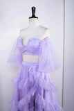 Two Piece Lavender Off the Shoulder Ruffles Prom Dress with Slit PSK469-Pgmdress