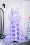 Two Piece Lavender Off the Shoulder Ruffles Prom Dress with Slit PSK469