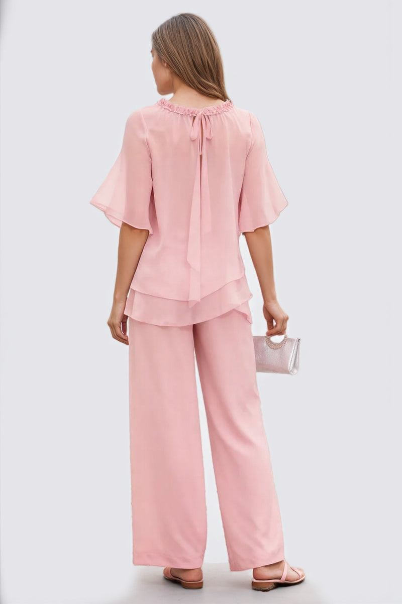 Two Piece Pink Chiffon Beaded Mother of the Bride Dress Pant Suits-Pgmdress