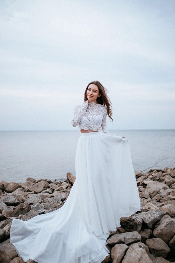 Two Piece Simple White Chiffon Beach Wedding Dress Bridal Gown-Pgmdress