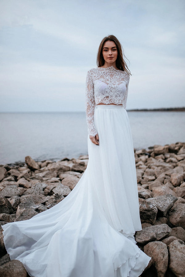 Two Piece Simple White Chiffon Beach Wedding Dress Bridal Gown-Pgmdress