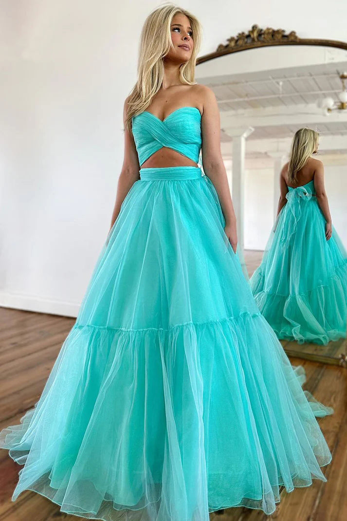 Unique Off Shoulder A-line Mint Green Tulle Prom Long Formal Dress  PSK452-Pgmdress