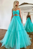 Unique Off Shoulder A-line Mint Green Tulle Prom Long Formal Dress  PSK452