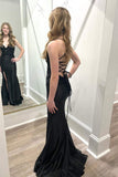 V-Neck Lace-Up Mermaid Black Prom Dress with Slit PSK550-Pgmdress