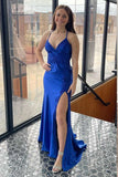 V-Neck Lace-Up Mermaid Black Prom Dress with Slit PSK550-Pgmdress