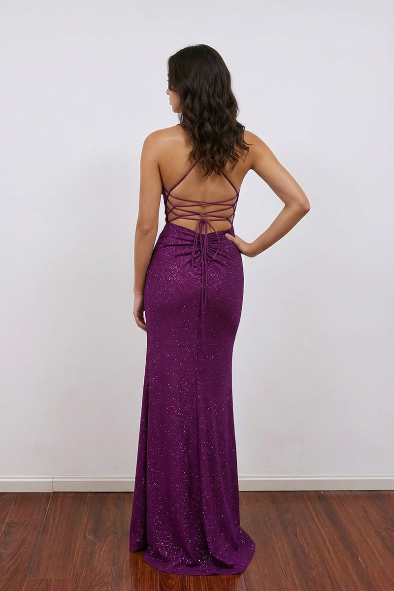 V-Neck Sleeveless Lace-Up Appliques Split Purple Party Prom Dress