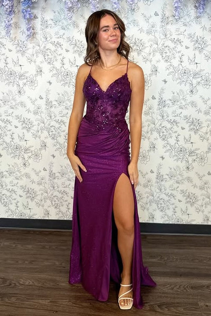 V-Neck Sleeveless Lace-Up Appliques Split Purple Party Prom Dress US4 / Custom Color