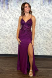 V-Neck Sleeveless Lace-Up Appliques Split Purple Party Prom Dress