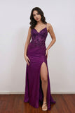 V-Neck Sleeveless Lace-Up Appliques Split Purple Party Prom Dress