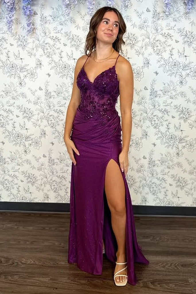 V-Neck Sleeveless Lace-Up Appliques Split Purple Party Prom Dress US6 / Purple V-Neck Sleeveless Lace-Up Appliques Split Purple Party Prom Dress US6 / Purple