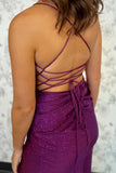 V-Neck Sleeveless Lace-Up Appliques Split Purple Party Prom Dress