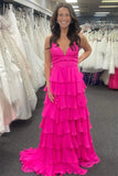 V-Neck Straps Fuchsia Ruffle Chiffon Prom Dress with Slit PSK470-Pgmdress