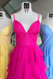 V-Neck Straps Fuchsia Ruffle Chiffon Prom Dress with Slit PSK470-Pgmdress