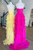 V-Neck Straps Fuchsia Ruffle Chiffon Prom Dress with Slit PSK470-Pgmdress