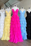 V-Neck Straps Fuchsia Ruffle Chiffon Prom Dress with Slit PSK470-Pgmdress