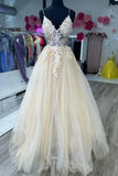 V Neck Champagne Tulle Lace Wedding Dresses Bridal Gown WD706-Pgmdress