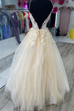 V Neck Champagne Tulle Lace Wedding Dresses Bridal Gown WD706-Pgmdress