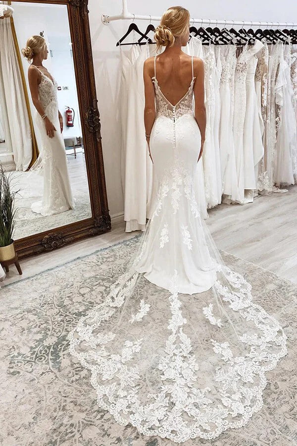 V Neck Mermaid Spaghetti Straps White Wedding Dress  WD736-Pgmdress