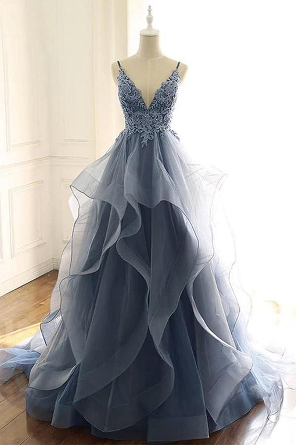 V Neck Ruffles Gray Blue Long Prom Dress Organza Evening Dress PSK016-Pgmdress