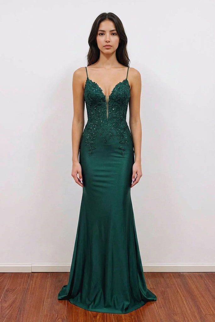 V Neck Satin Mermaid Dark Green Long Prom Dress with Appliques PSK607-Pgmdress