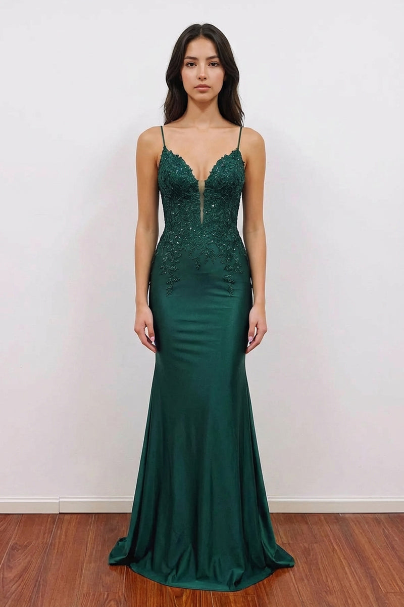 V Neck Satin Mermaid Dark Green Long Prom Dress with Appliques PSK607-Pgmdress