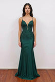 V Neck Satin Mermaid Dark Green Long Prom Dress with Appliques PSK607-Pgmdress